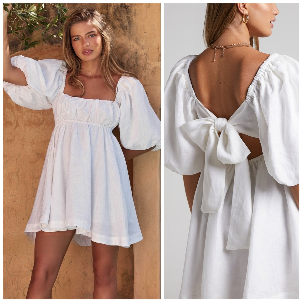 Showpo. Amalie Linen Tie Back Puff Sleeve White Dress, 12 - Picture 14 of 14